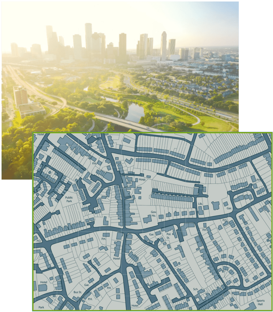 El horizonte de Houston y un ejemplo de un mapa de un vecindario.